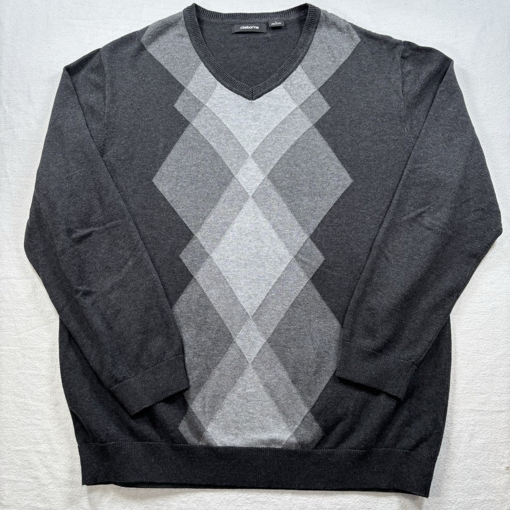 Claiborne Sweater Men‎ L Gray Argyle Pullover Sweater Dad Golf Casual Academia